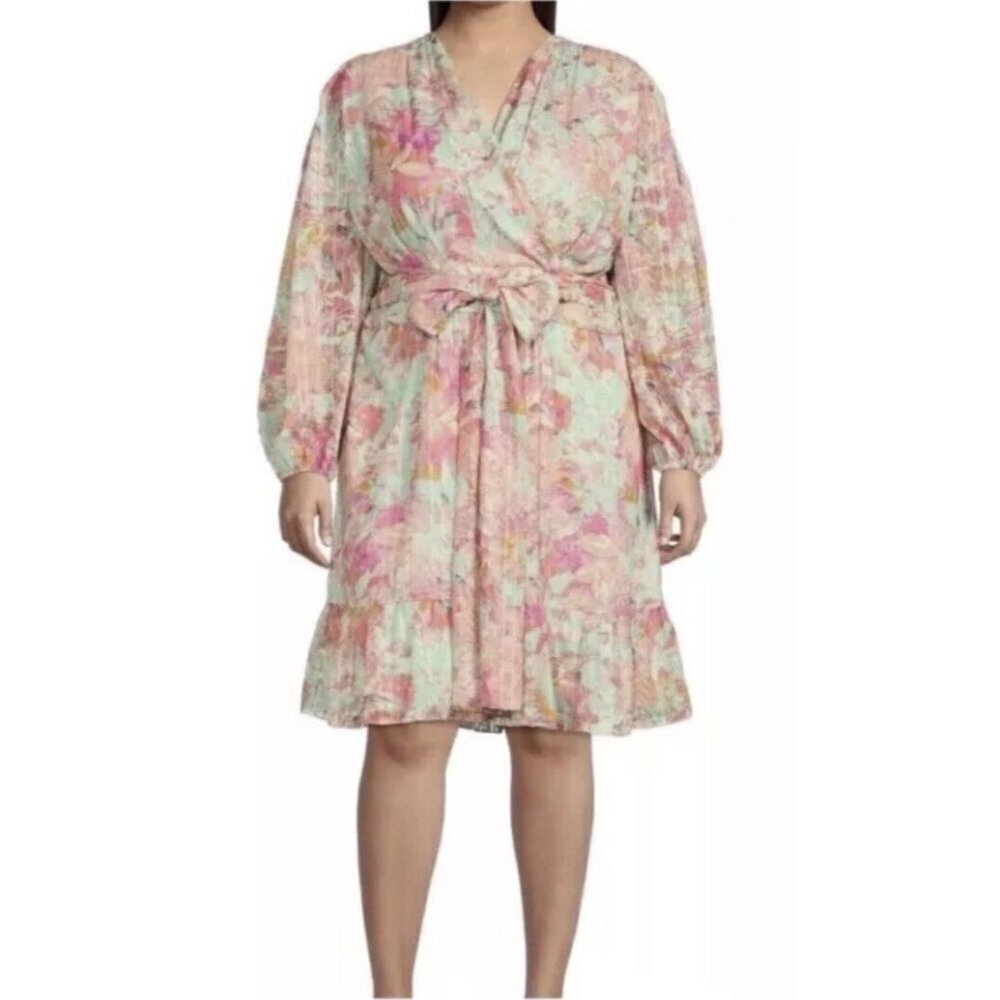 Alex Marie Simone Dress Womens Sz 20W Pink Floral V Neck Chiffon Tiered NEW $178